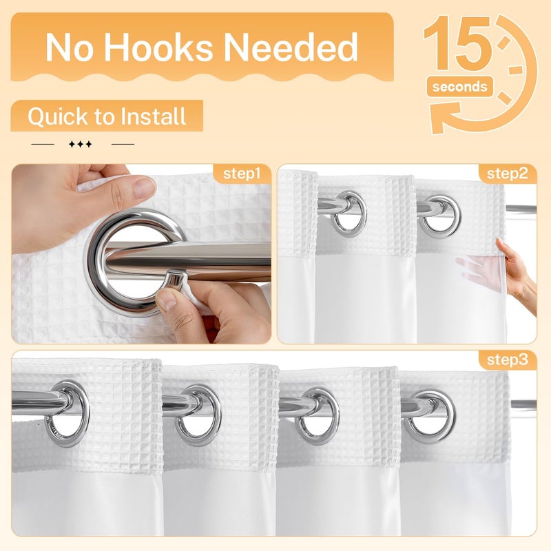 River Dream Extra Long Shower Curtain Set, Cotton Blend, Waffle Weave, with Snap in Replacement Liner, White, 71 x 86 inches - Image 4
